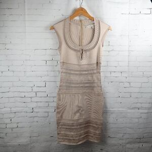 AZZEDINE ALAIA ICONIC VINTAGE SEMI SHEER CROCHET KNIT NEUTRAL/TAN DRESS 